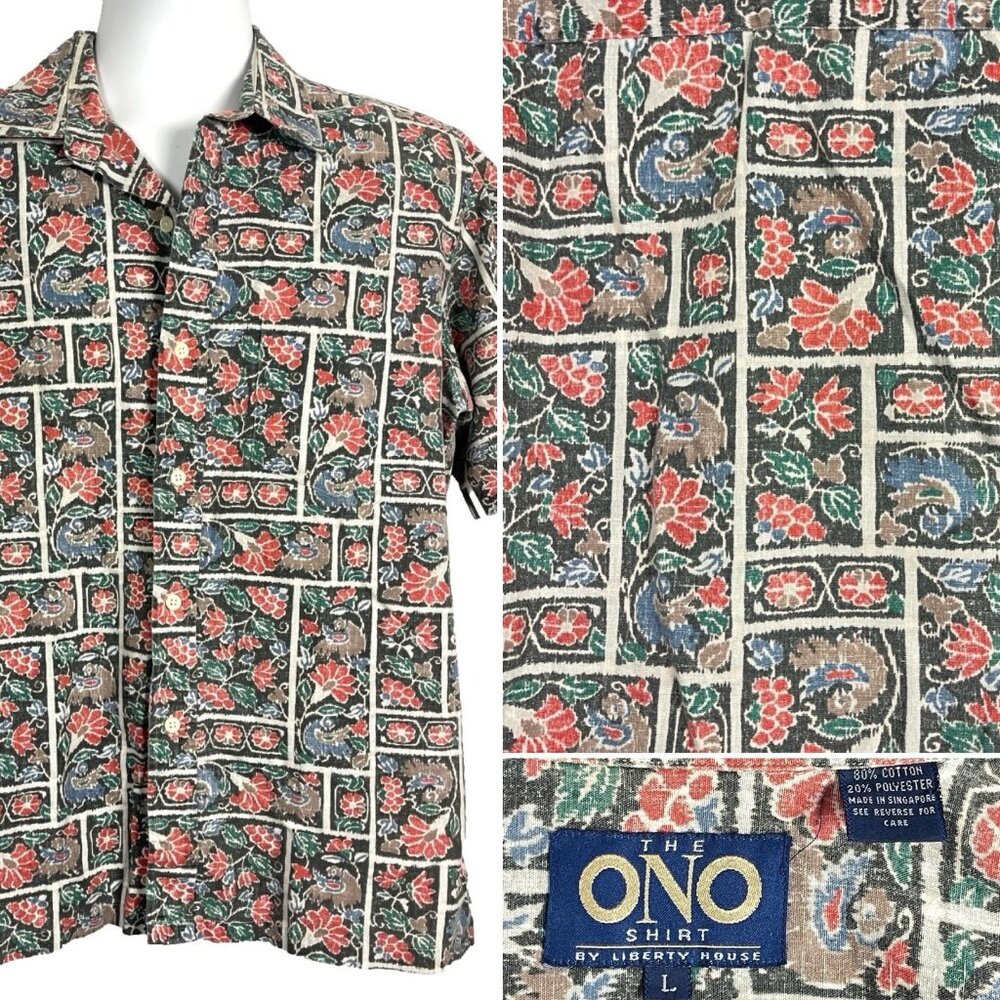Ono Liberty House Mens Vtg Floral Shirt size Large 47x28 Art Nouveau Singapore